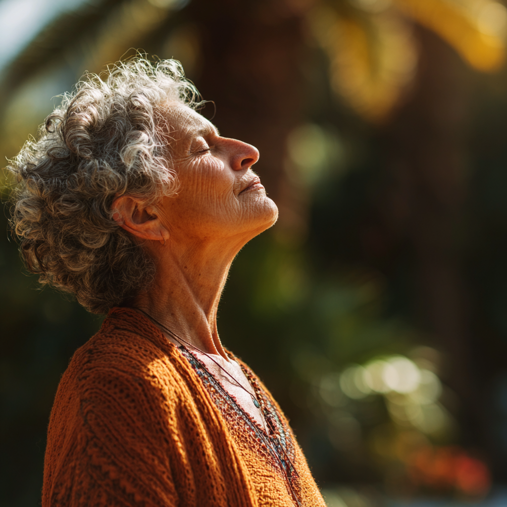 Peaceful elderly woman practicing yoga breathing exercises in serene outdoor setting