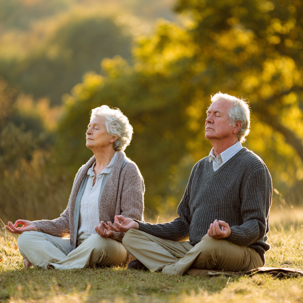 Elderly European woman in meditation pose demonstrating mindful breathing in natural setting