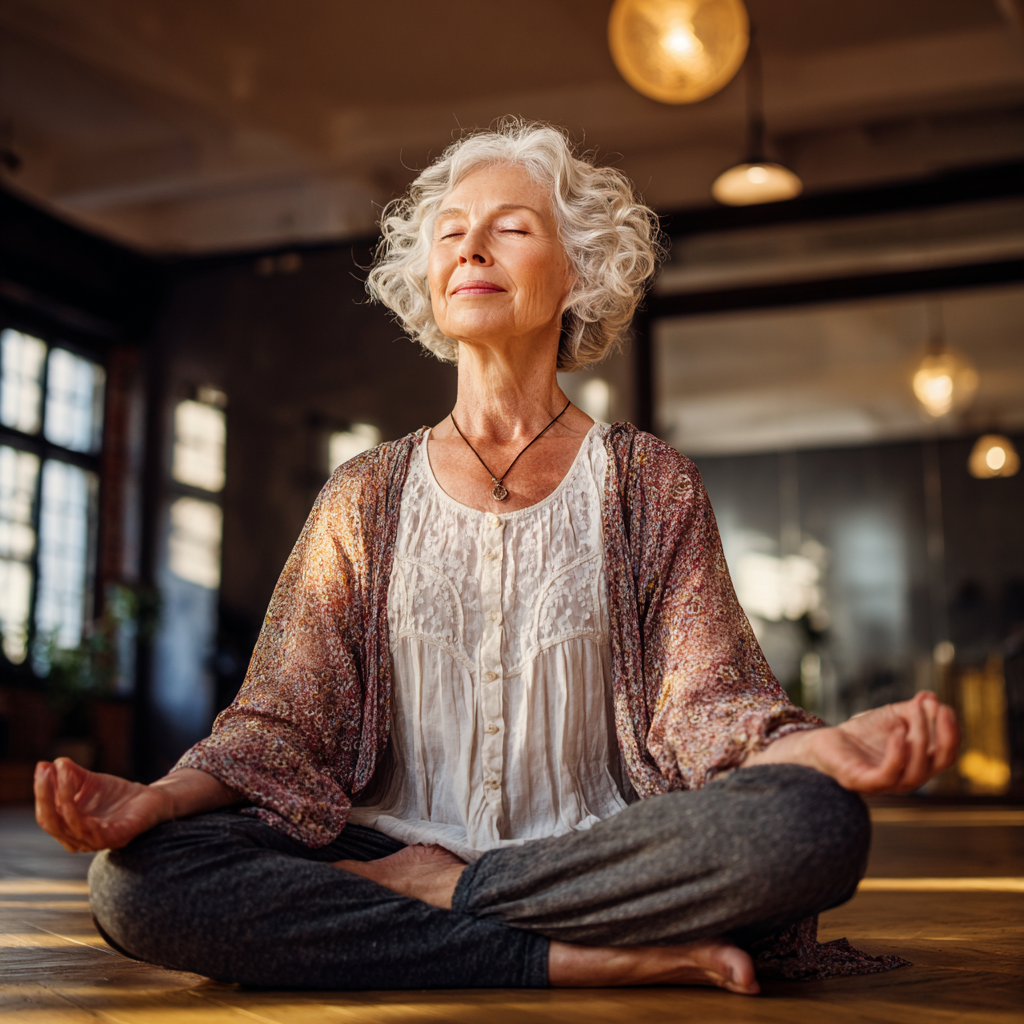 Group of smiling elderly European people practicing yoga together in harmonious setting